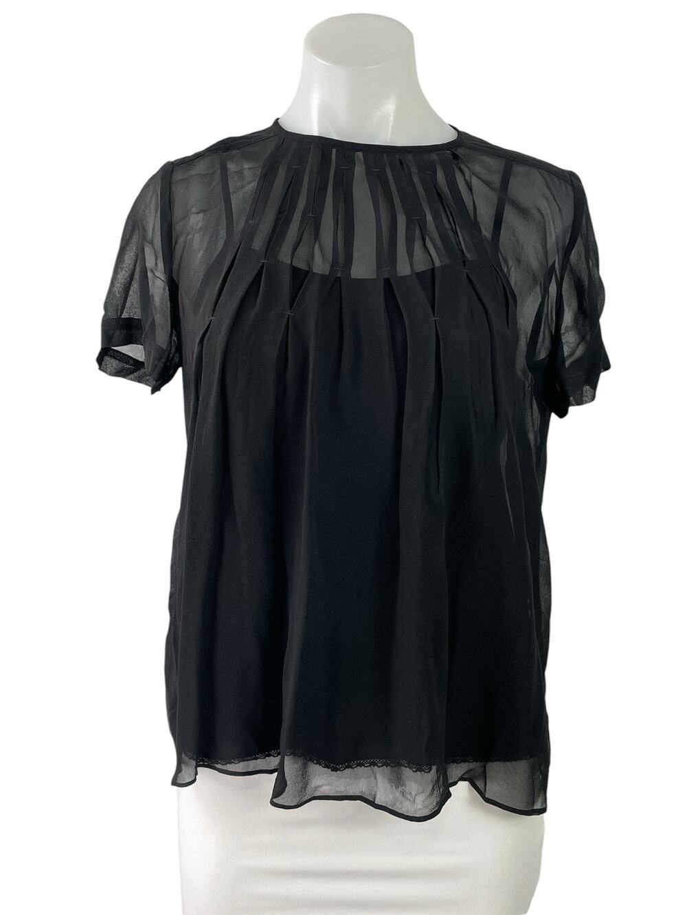 Marc Jacobs Womens Black Pleated Chiffon Overlay Short Sleeve Blouse Top Size 2